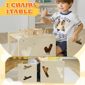 Puecrof Montessori set with under-table storage, space-saving design keeps playroom tidy.