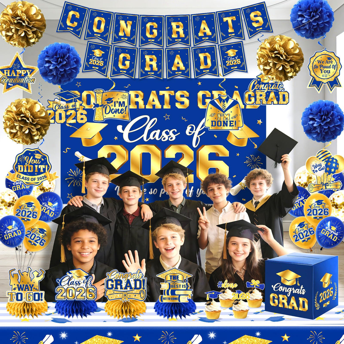 Pugipien blue-gold paper pompoms brighten ceilings