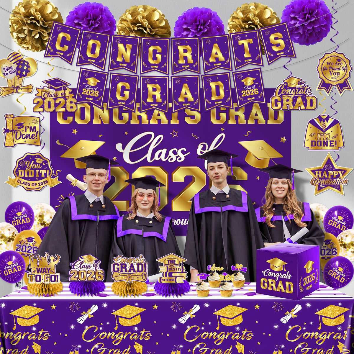 Pugipien graduation tablecloth in purple and gold for polished table styling.