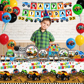 Pugipien Monster Truck tablecloths brighten the table with an easy-clean surface for a memorable setup