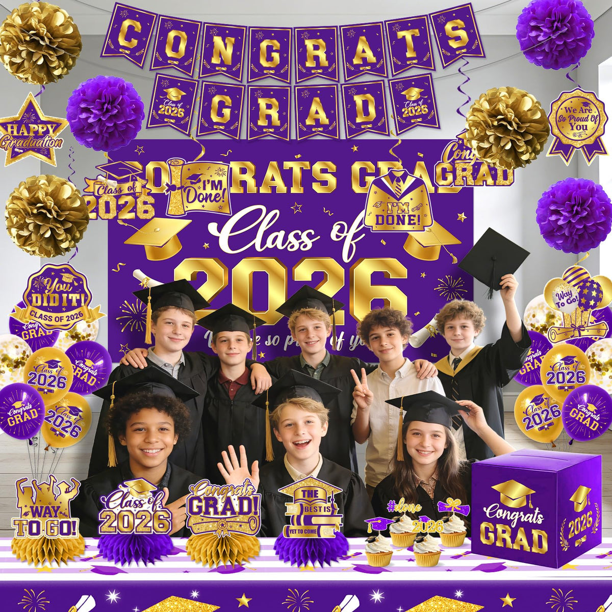 Pugipien purple and gold paper pompoms for vibrant party accents.