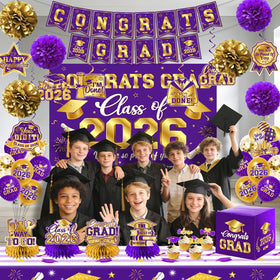 Pugipien purple and gold paper pompoms for vibrant party accents.