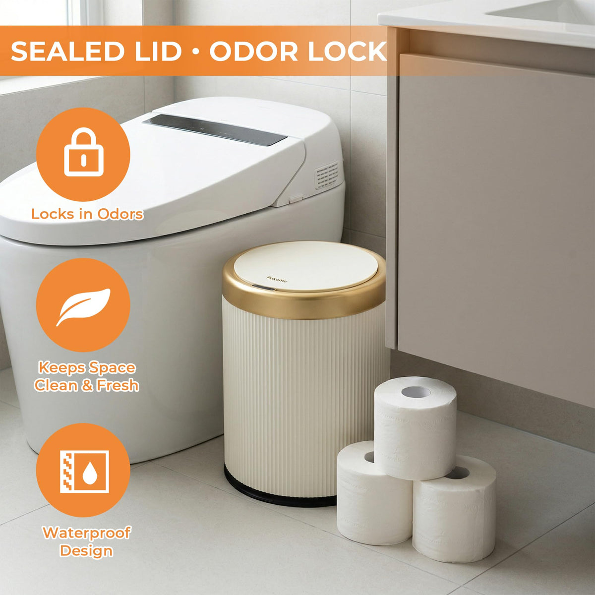 Pukomc beige modern trash bin complements any room.
