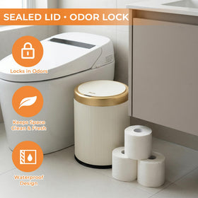 Pukomc beige modern trash bin complements any room.