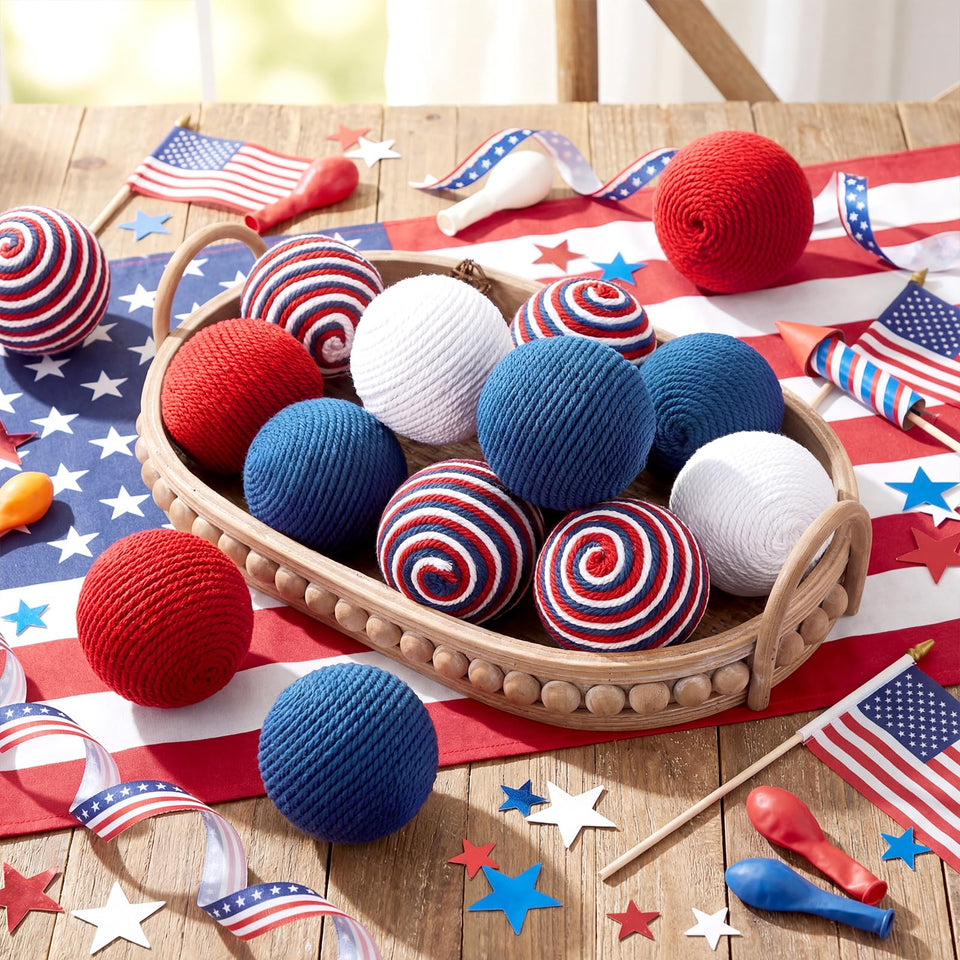 PullCrease patriotic rope ball for bowls adds festive red white blue flair.