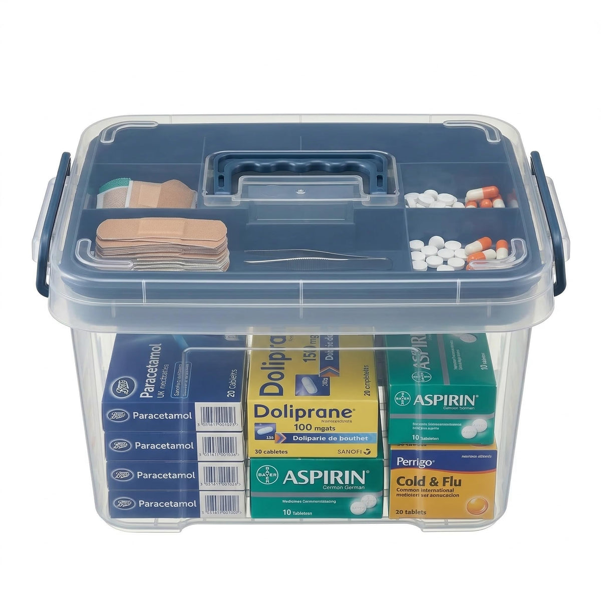 Pulseplay clear medicine organizer with handle front view for easy home storage