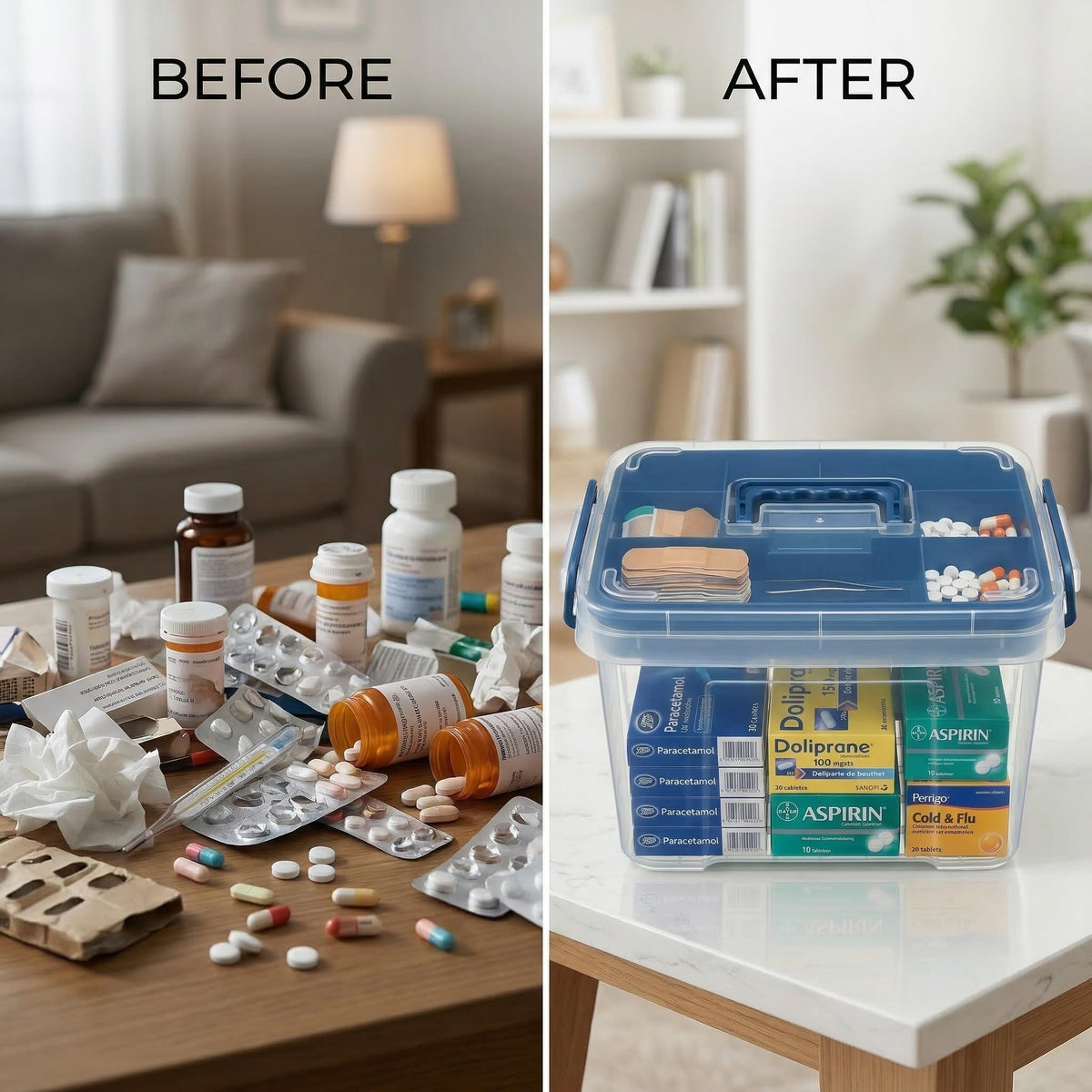 Pulseplay clear medicine organizer with removable tray exposed for item separation