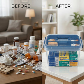 Pulseplay clear medicine organizer with removable tray exposed for item separation