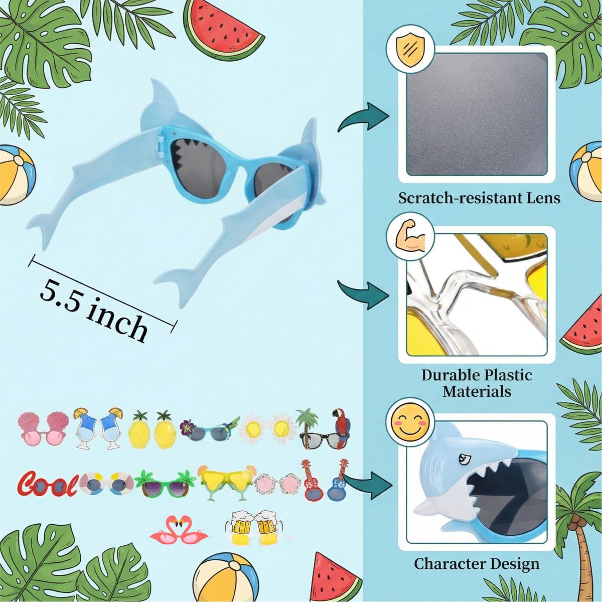 Pumtus Hawaiian glasses in thick, durable plastic for long wear.