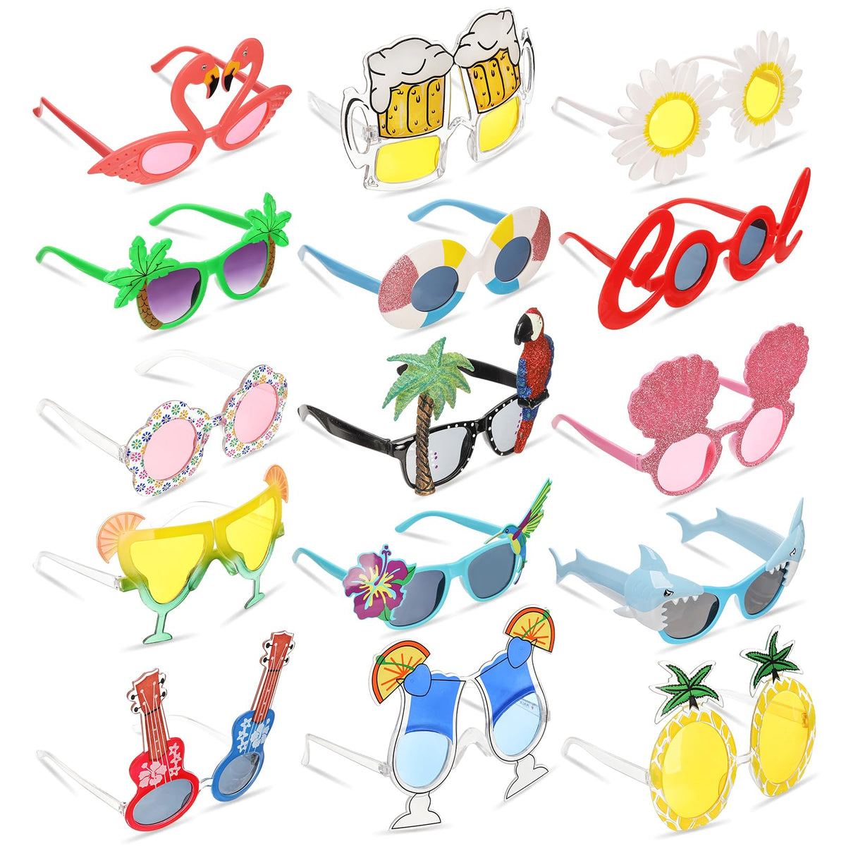 Pumtus luau sunglasses in assorted designs for festive parties.