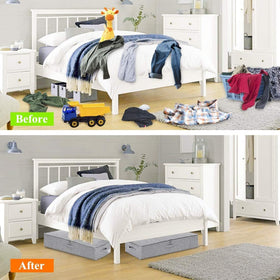 Punemi box for shoes and blankets keeps items organized under bed.