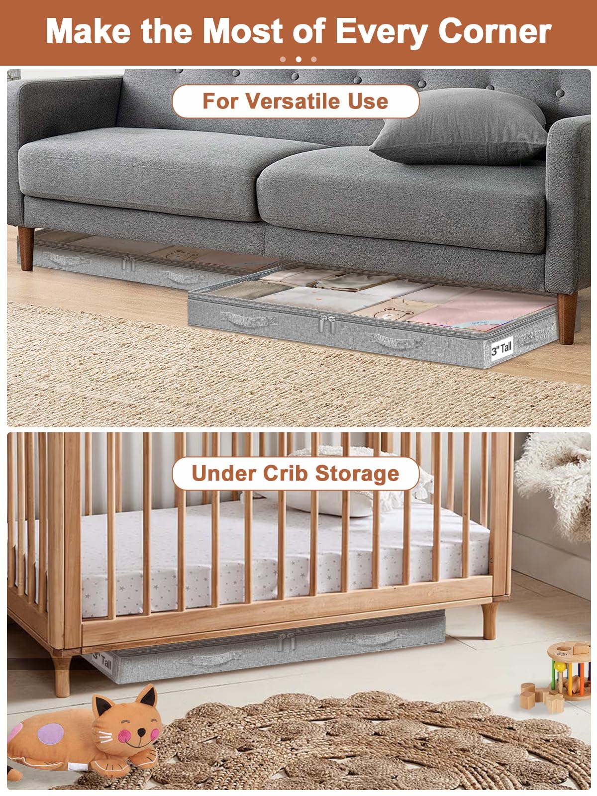Punemi under-bed storage with soft sides and no rigid structure for flexible use.