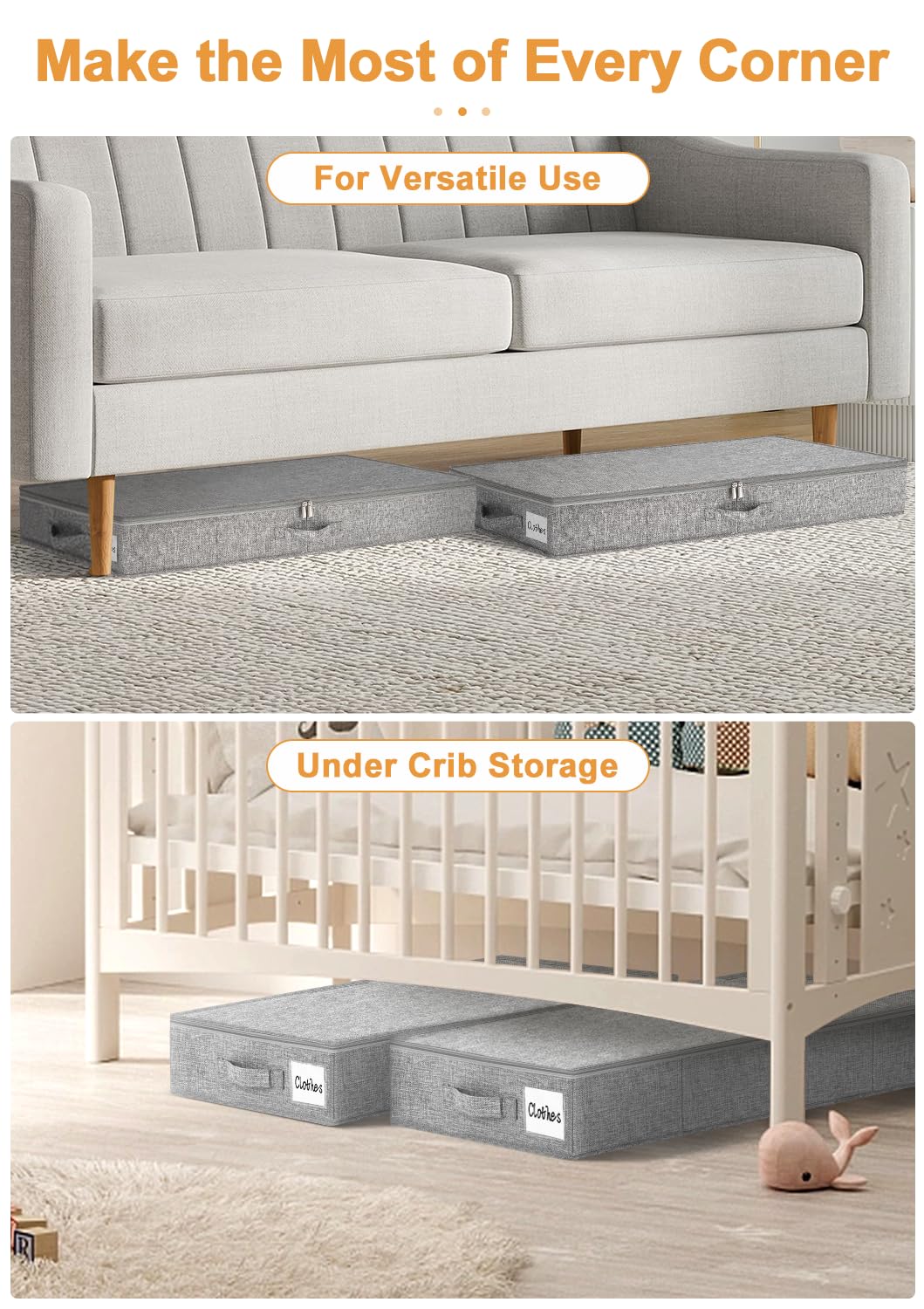 Punemi under-bed storage bin collapsible flat, space-saving when not in use.