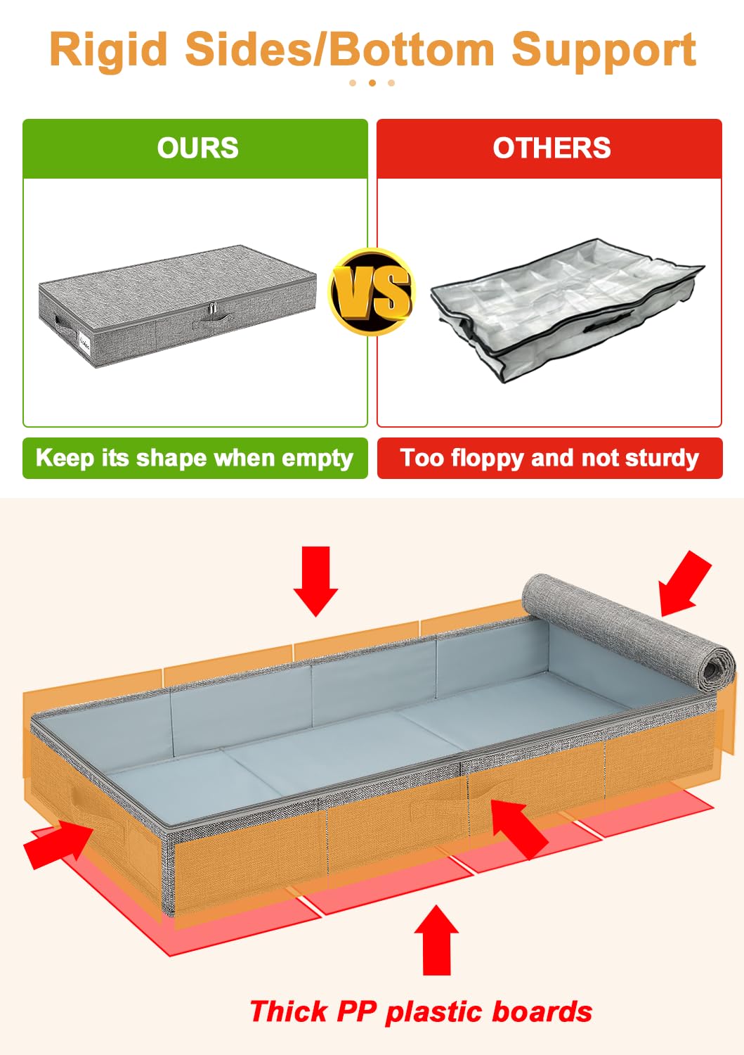 Punemi under-bed storage bin open with items, easy access to clothing and linens.