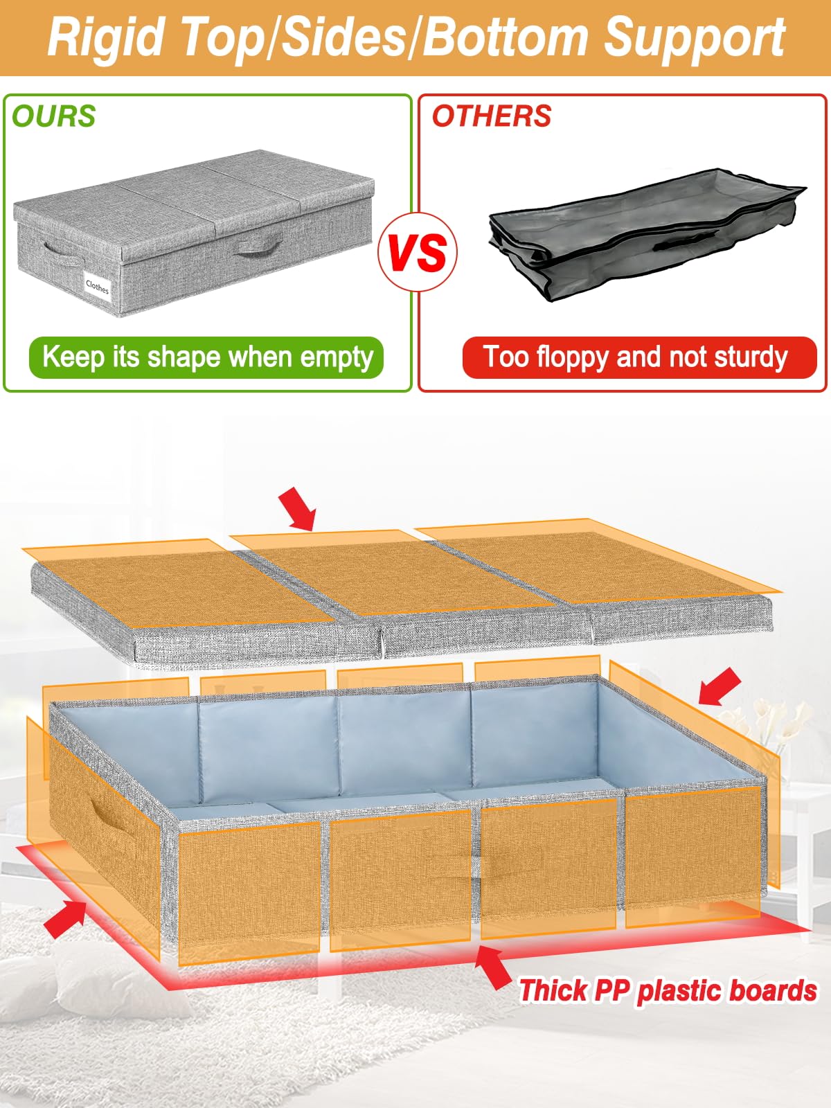 Punemi under-bed bin with reinforced handles for easy pulling.