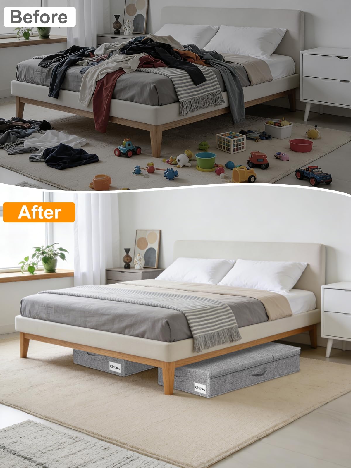 Punemi stackable bins maximize vertical space in bedrooms.