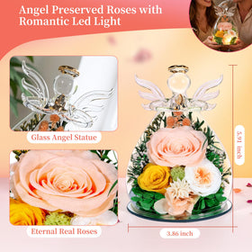 Puppiluv champagne rose angel statue under dome illuminates with warm LED light.