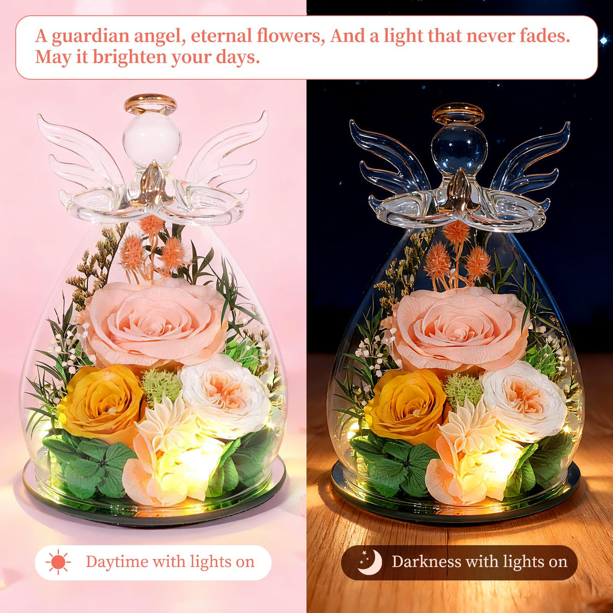 Puppiluv glass dome ornament closeup showcases vibrant preserved blooms.