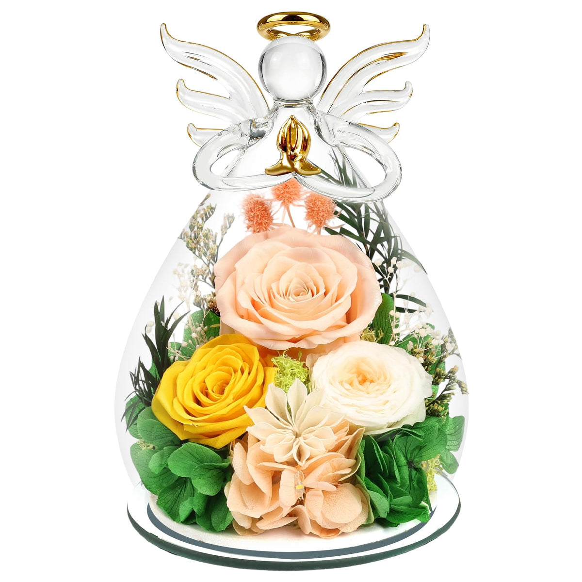 Puppiluv preserved rose angel under glass dome preserves color for years.
