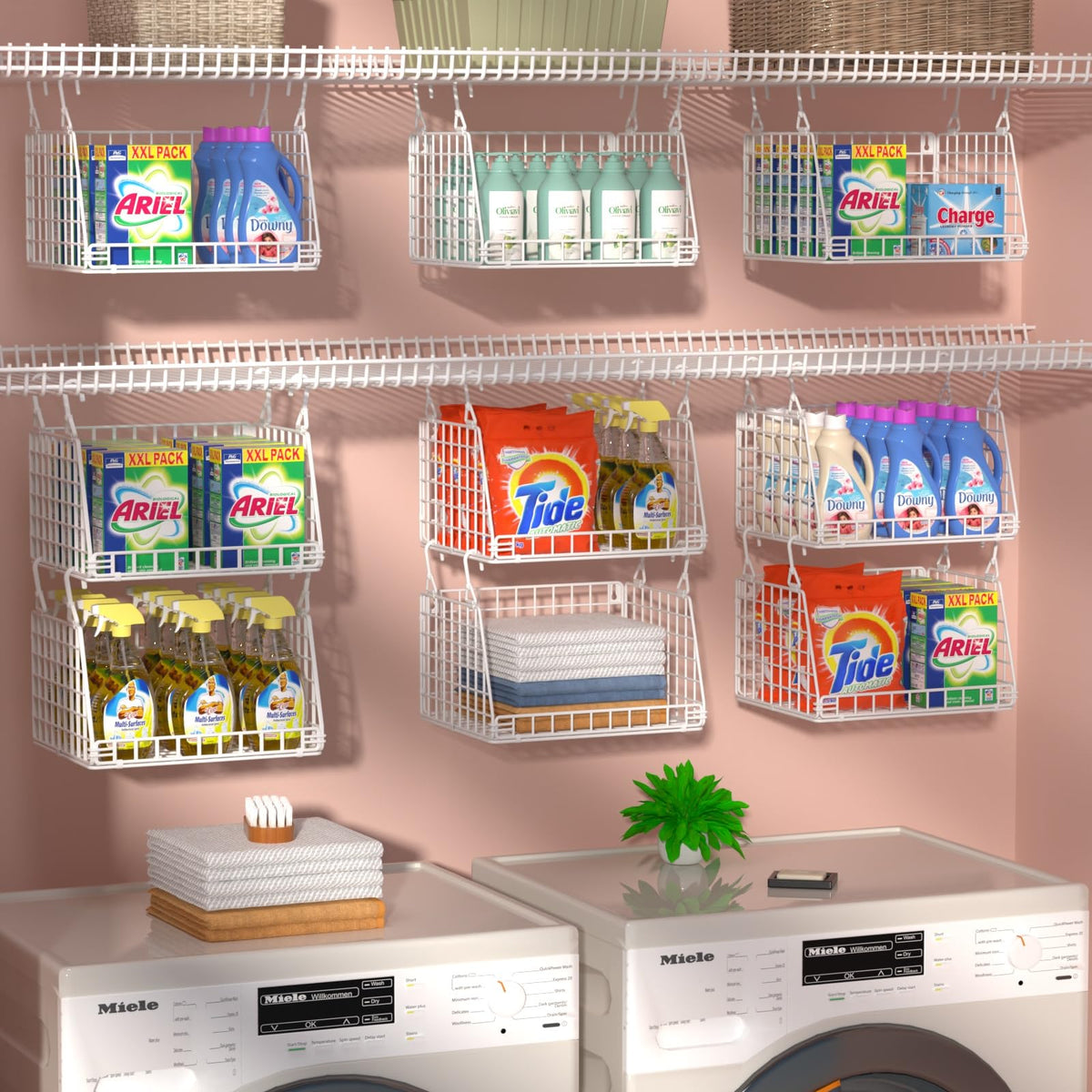 PUPPYCUTE over-washer shelves provide extra storage above machines.