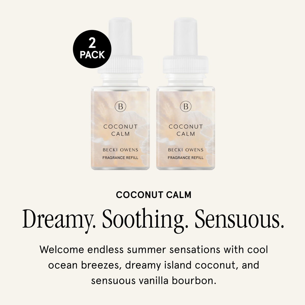 Pura Becki Owens Coconut Calm diffuser on table enhances living space.
