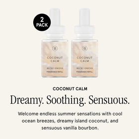 Pura Becki Owens Coconut Calm diffuser on table enhances living space.