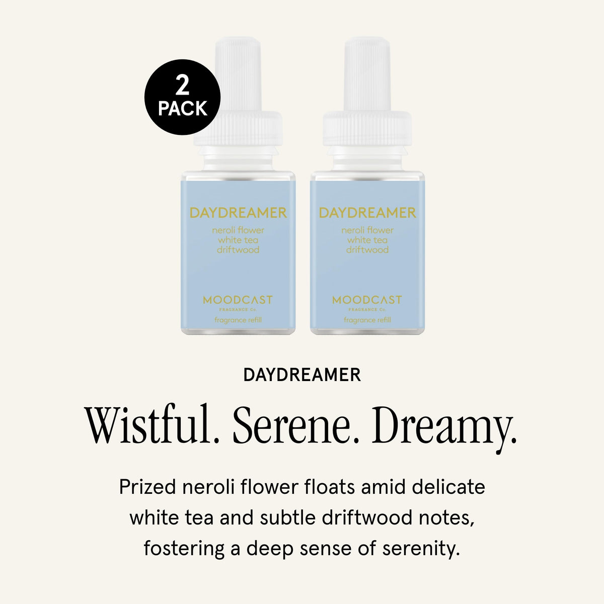 Pura Moodcast Daydreamer refill bottle highlights serenity and white tea with neroli notes.