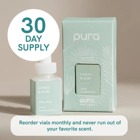 Pura refill label close-up showing Linens & Surf fragrance notes