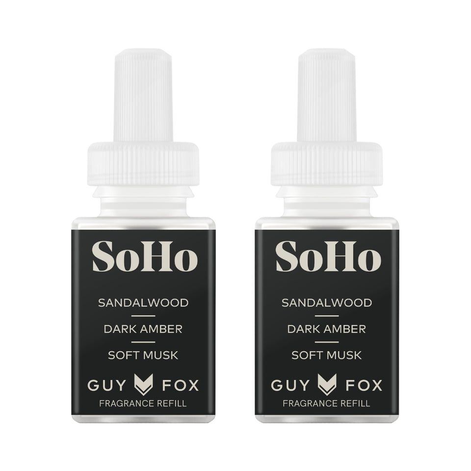 Pura GUY FOX SoHo diffuser refill 2-pack in packaging, ready to refresh spaces