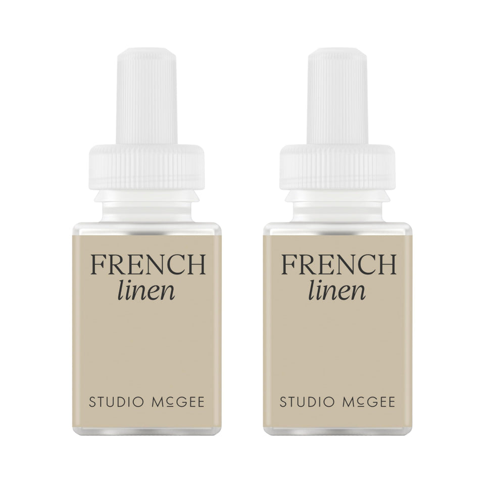 Pura Studio McGee French Linen refill bottle ready for diffuser, long-lasting fragrance.