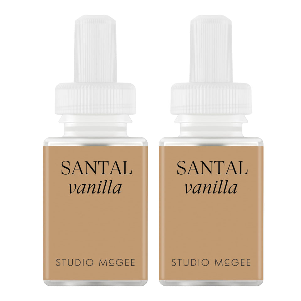 Pura Studio McGee Santal Vanilla bottle evokes calming warmth for intimate spaces.