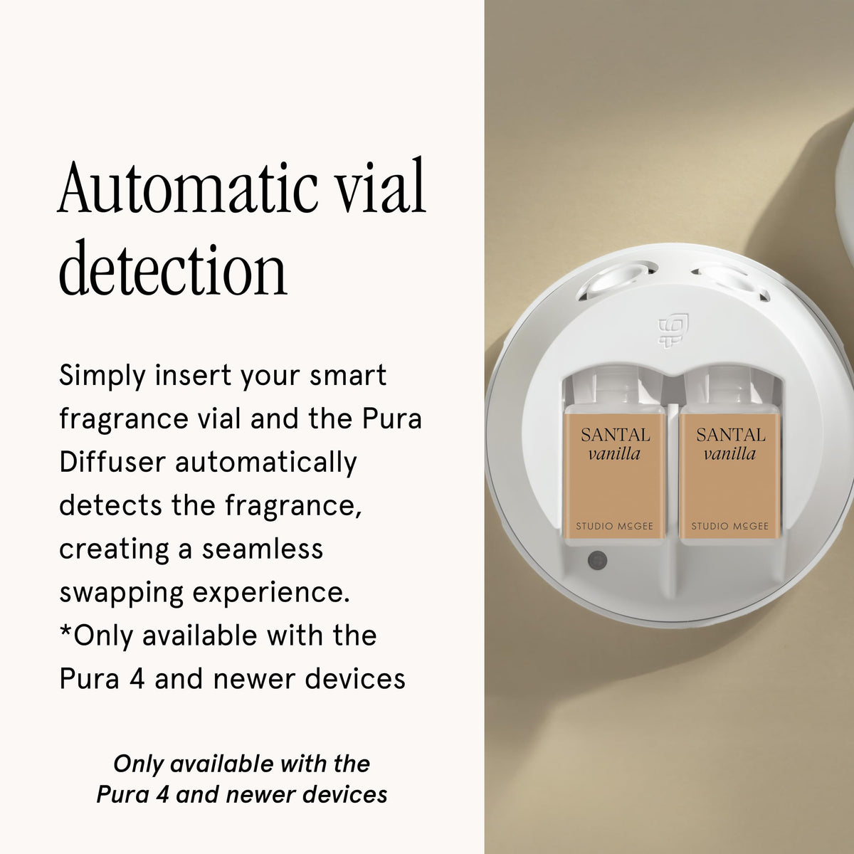 Pura Studio McGee vanilla sandalwood amber note enhances cozy mood in a room.