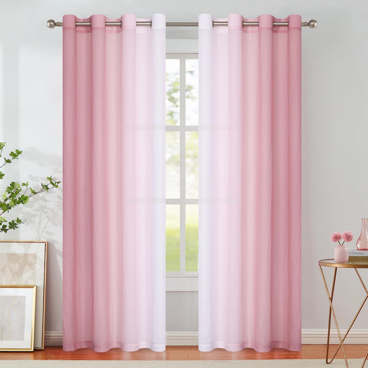 Purainbow pink ombre chiffon curtains diffuse soft light in living spaces.