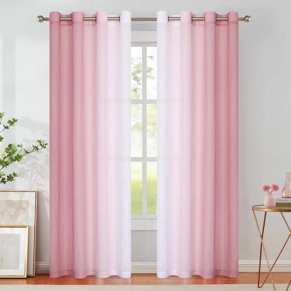 Purainbow pink ombre chiffon curtains diffuse soft light in living spaces.