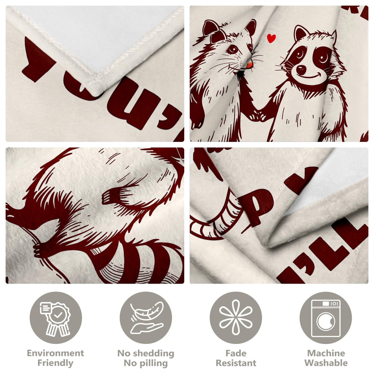 Purdicra decor blanket featuring raccoon and opossum motif in living space.