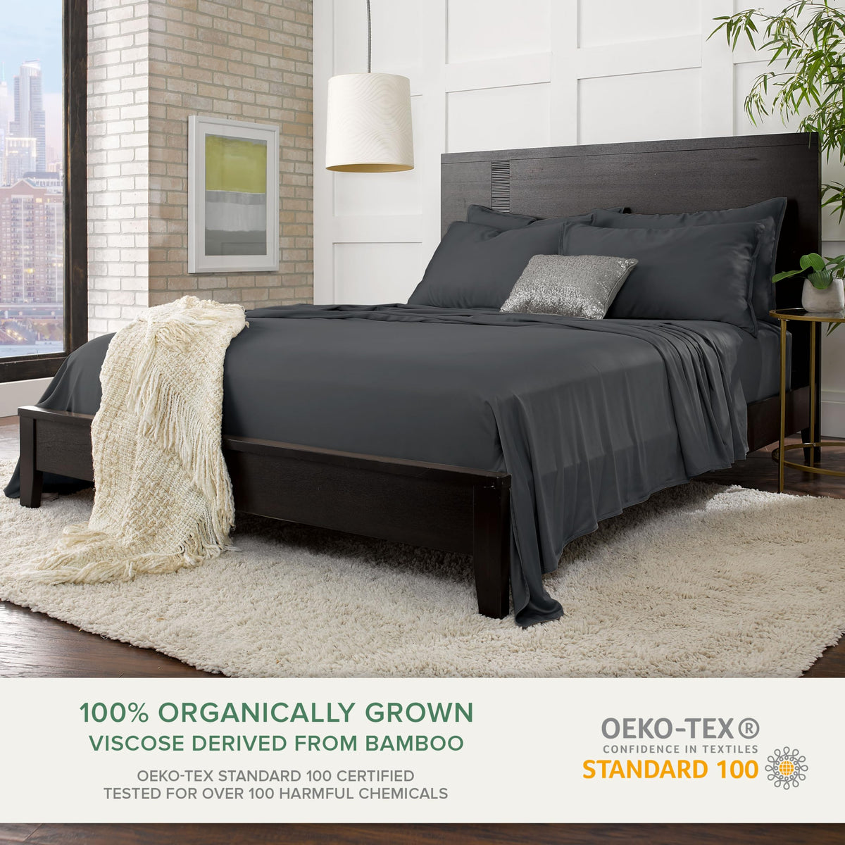 Pure Bamboo California King fitted sheet charcoal shows deep pockets for up to 16-inch mattresses.