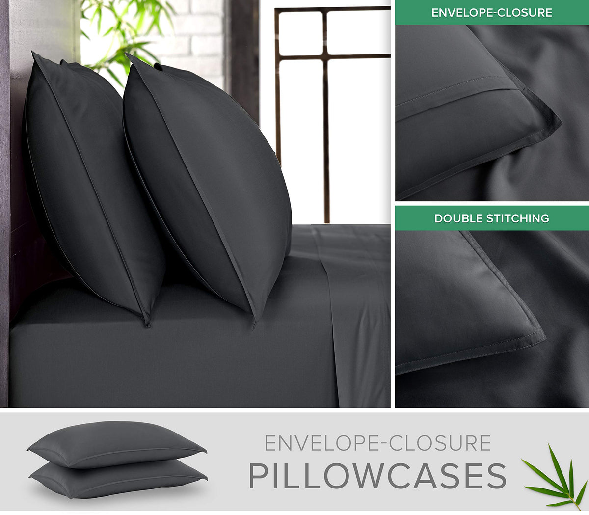 Pure Bamboo envelope-closure pillowcase in charcoal showing overlap for secure fit