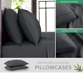 Pure Bamboo envelope-closure pillowcase in charcoal showing overlap for secure fit