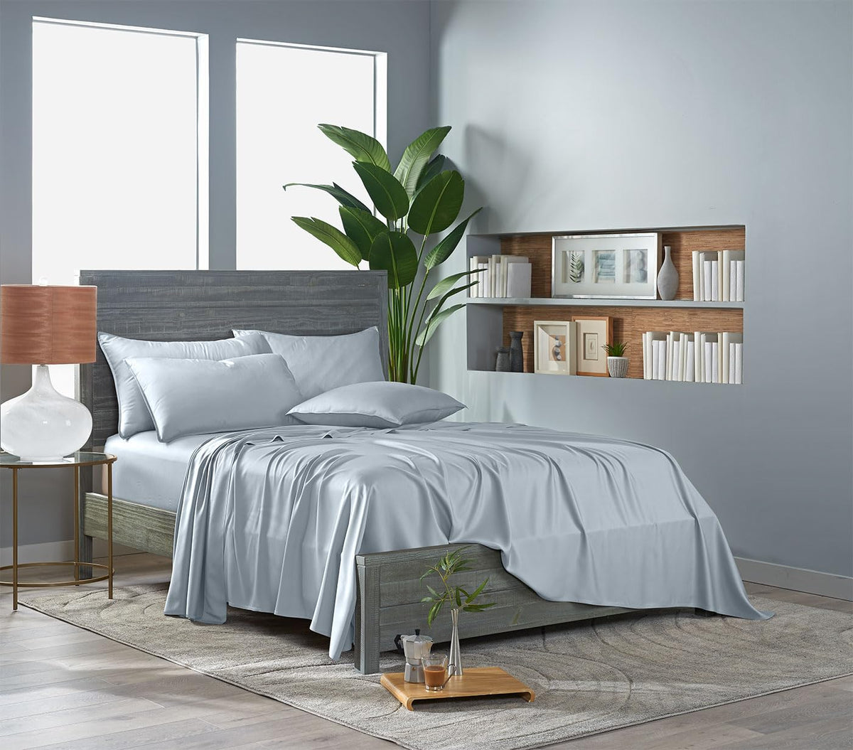 Pure Bamboo four-piece queen set with double-stitching detail on seams.