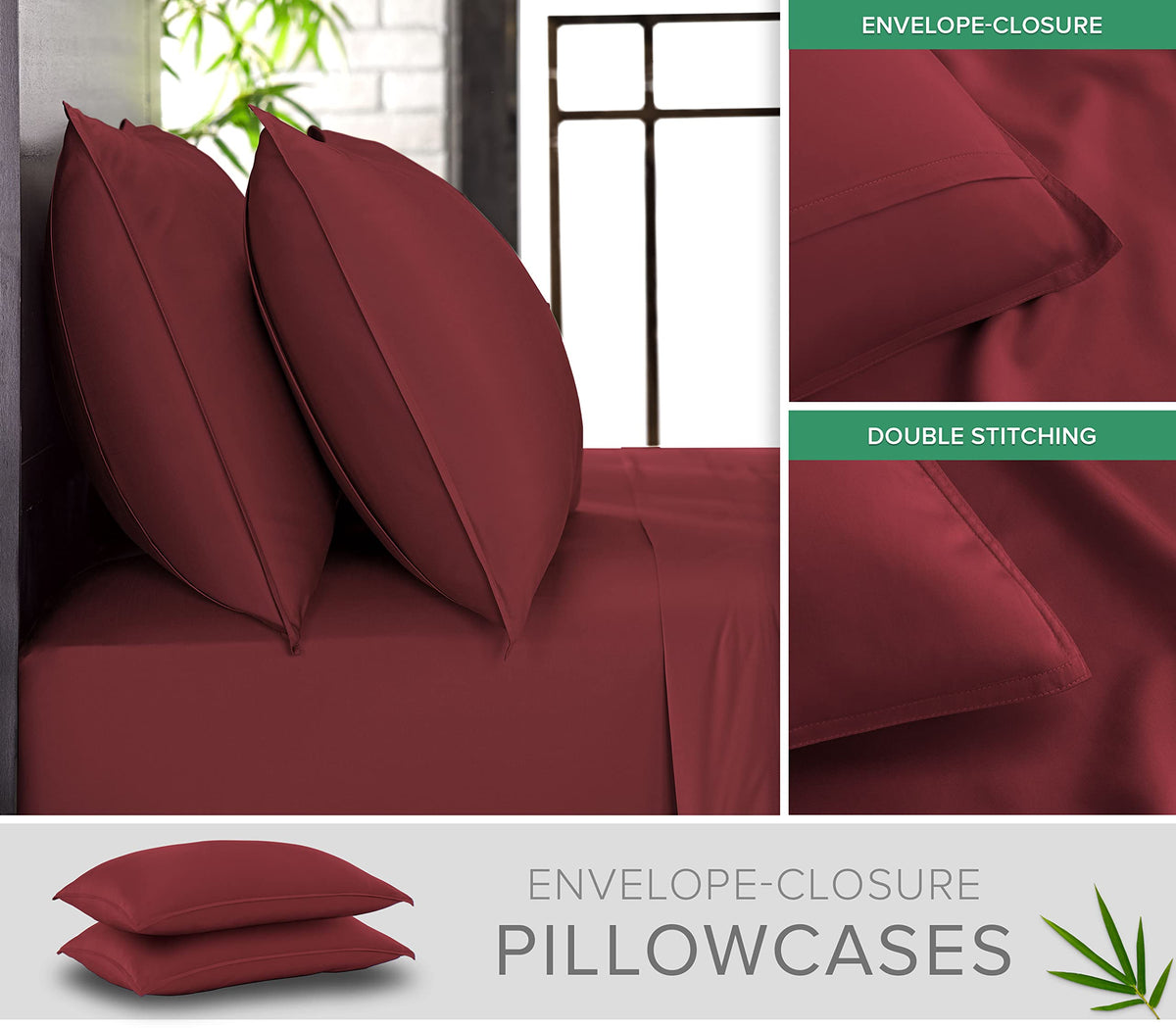 Pure Bamboo king sheets pillowcases close-up emphasizes double-stitched seams for durability