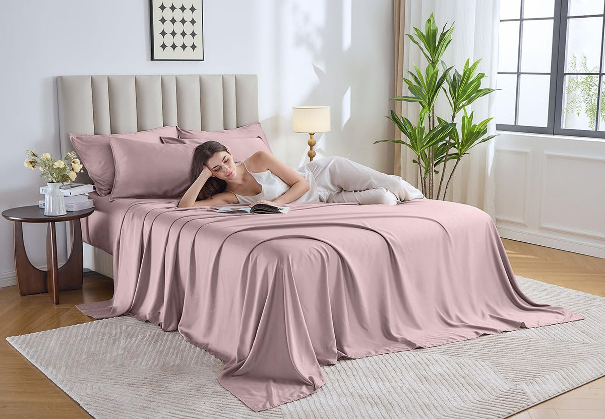 Pure Bamboo king sheets silky finish highlights breathable fabric for cool sleep.
