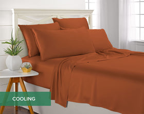 Pure Bamboo King Sheets terracotta double-stitched seams indicate lasting durability.
