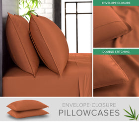 Pure Bamboo King Sheets terracotta flat sheet draped, highlighting smooth sateen weave.