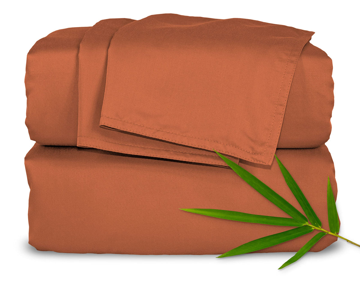 Pure Bamboo King Sheets terracotta close-up shows silky texture and breathable fabric.