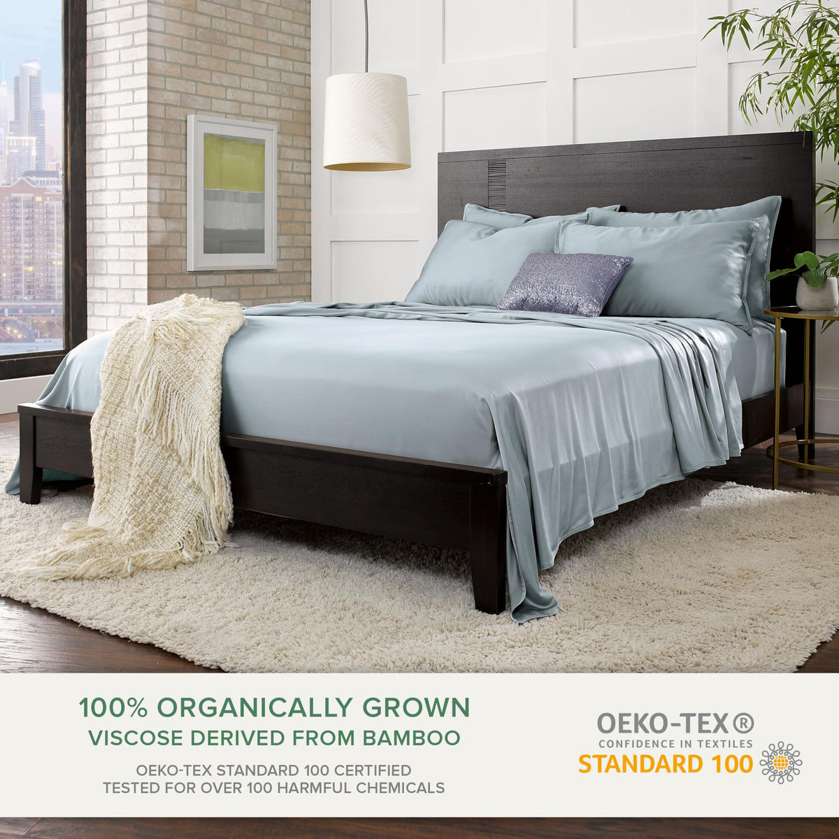 Pure Bamboo Queen Sheets fabric texture in Sterling Blue highlights smooth viscose weave