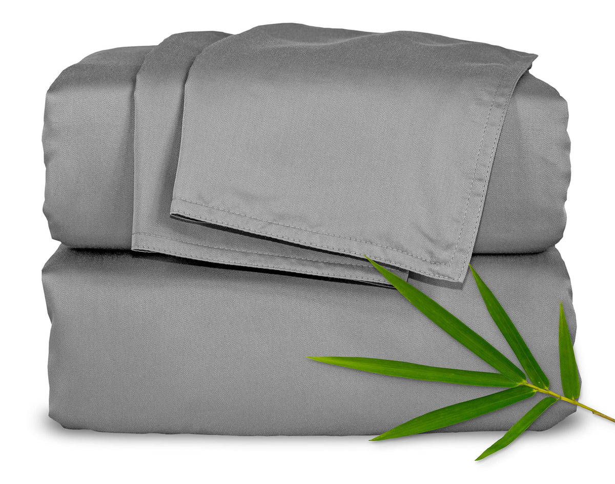 Pure Bamboo queen sheets flat sheet laydown in stone grey, showing silky softness.