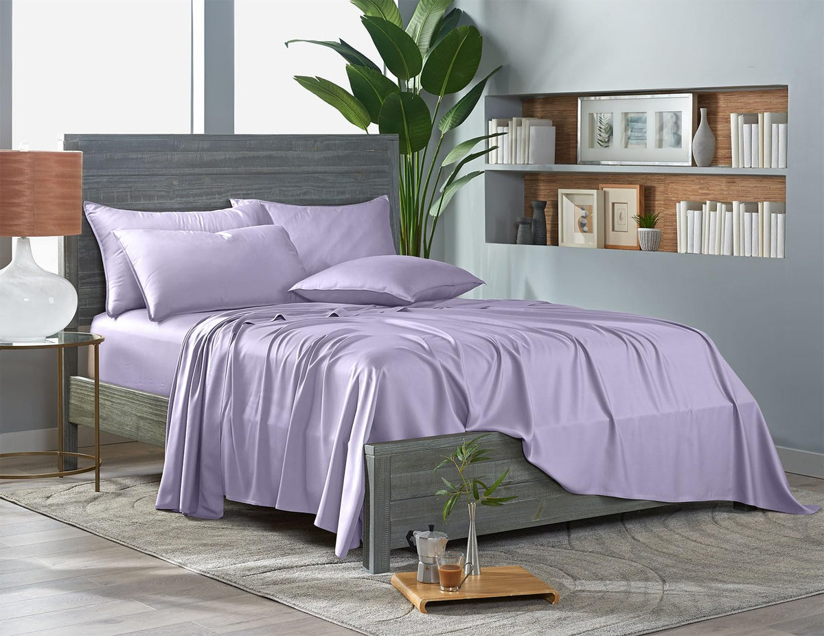 Pure Bamboo queen sheets lavender close-up fiber weave, durable double-stitching for lasting quality.
