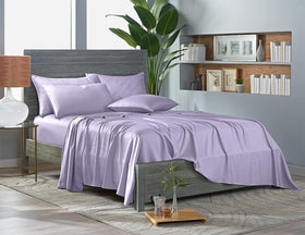 Pure Bamboo queen sheets lavender close-up fiber weave, durable double-stitching for lasting quality.