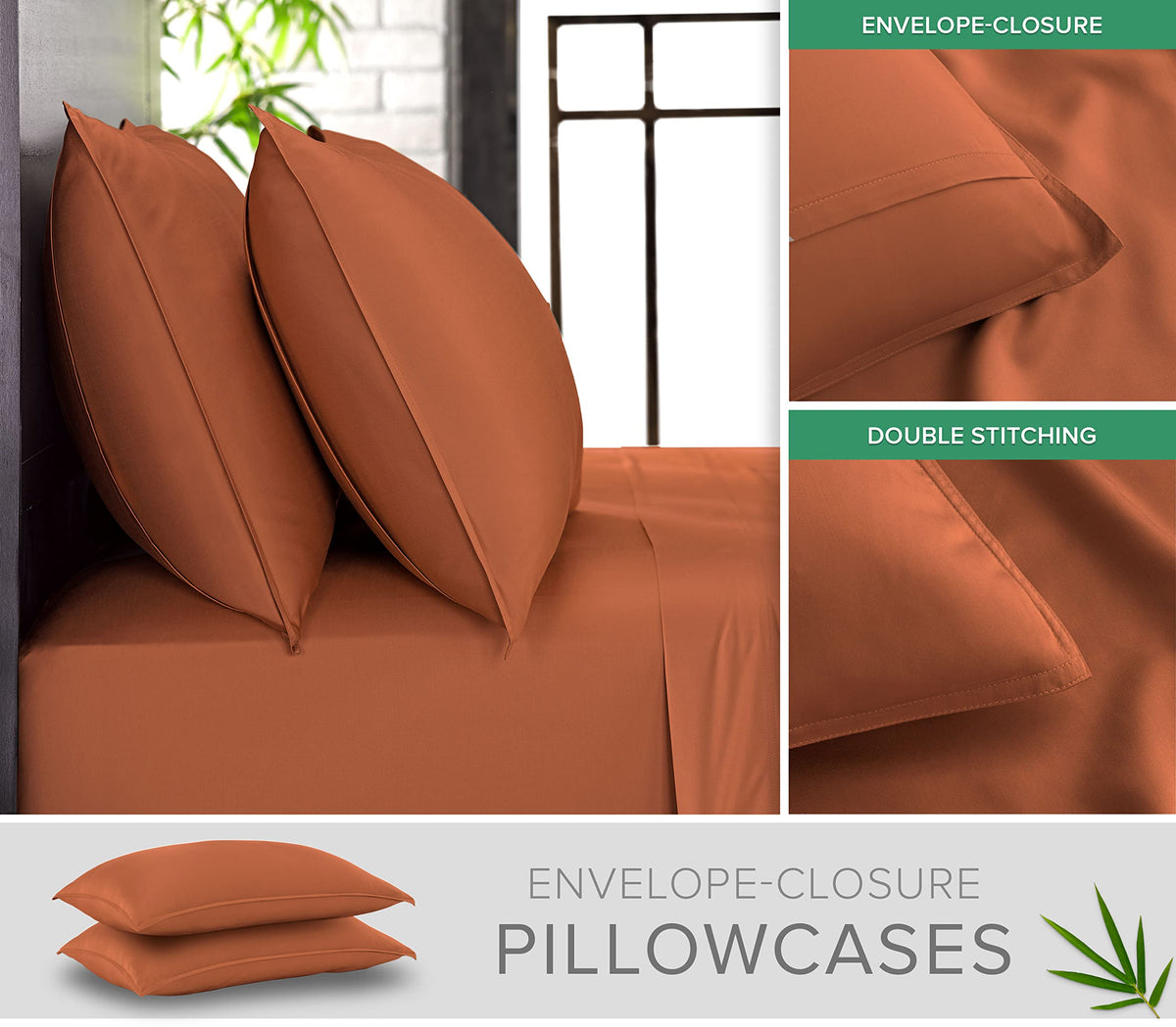 Pure Bamboo queen sheets on bed in terracotta color for cooling comfort.