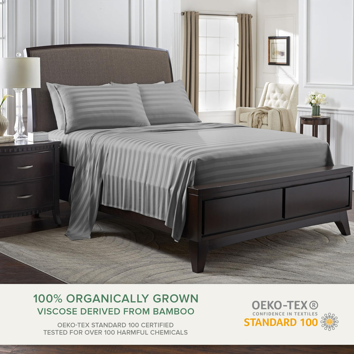 Pure Bamboo Queen Sheets on bed showcasing full-size fit and luxurious drape.